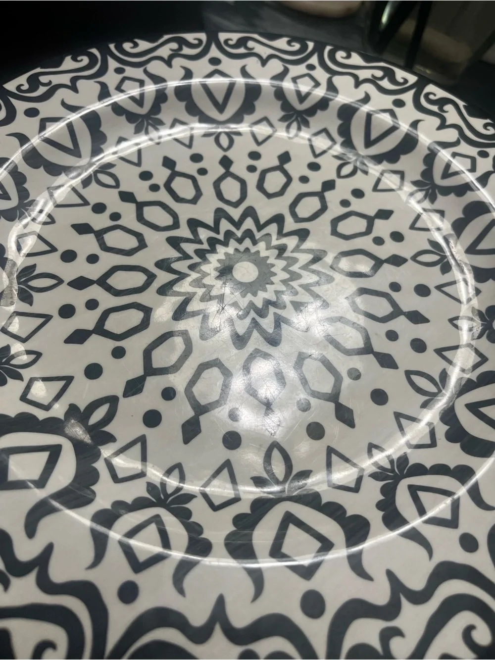 Decorative Black and White Melamine Dinner Plates - Set of 4